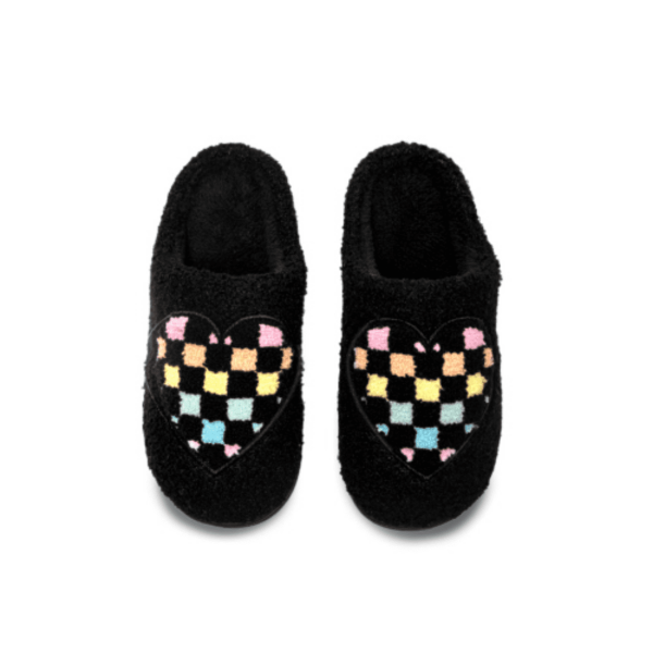 Black Checker Heart Slippers, Md/Lg