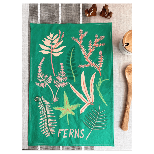 Pink and Green Ferns Tea Towel