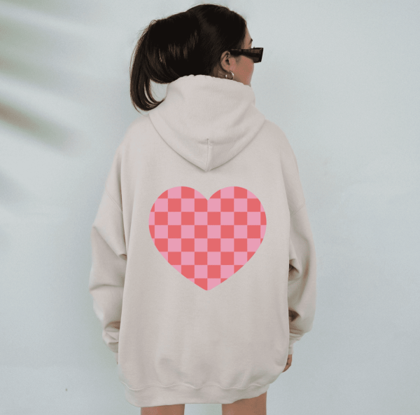 Pink Checkered Heart Hoodie, Sand/Sm