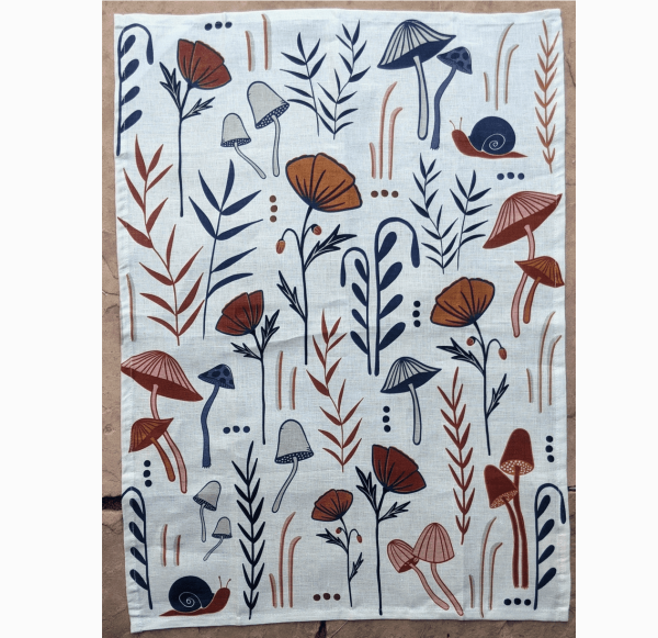 Mushroom and Poppies Tea Towel