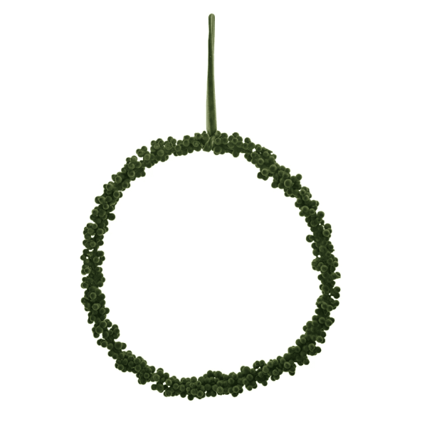 Flocked Green Berry Wreath w/Ribbon