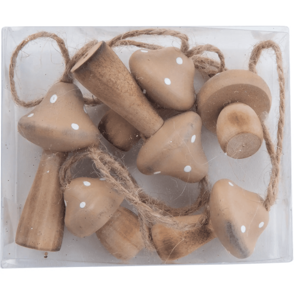 Box of Wooden Mushroom Ornaments, Tan Top