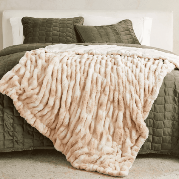 Ruched Faux Fur Throw Blanket, Brown/Taupe