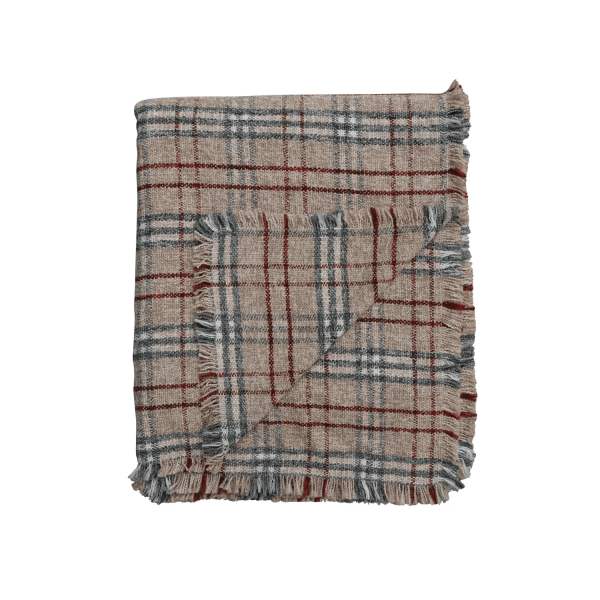 Beige Plaid Throw w/ Fringe