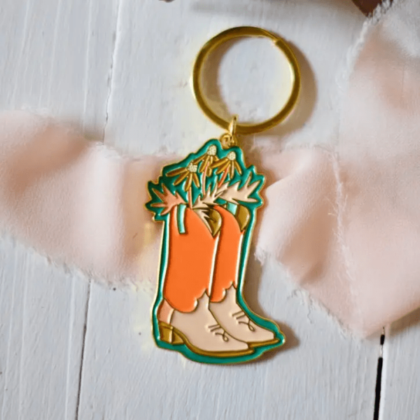 Peach Daisy Boot Enamel Keychain